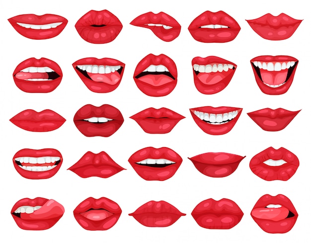 Vektor weibliches lippen-cartoon-set-symbol. illustrationslächeln auf weißem hintergrund. cartoon set symbol weibliche lippe.