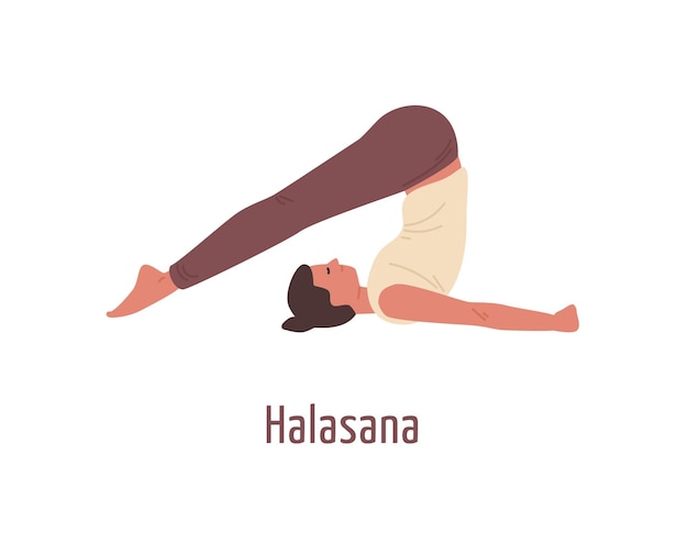 Weibliches praktizierendes yoga der karikatur in der halasana-pose lokalisiert auf weiß. sportfrau in flacher vektorgrafik pflugposition. yogi-mädchen, das übung während des gymnastiktrainings demonstriert.