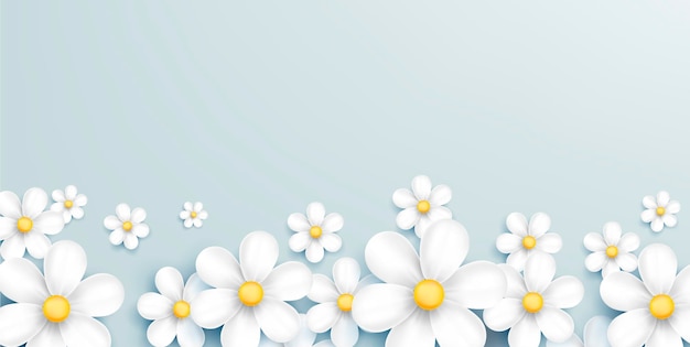 Weicher pastellfarbener Hintergrund mit 3D-realistischer Kamille oder Gänseblümchenblüte, die sich von unten ausbreitet