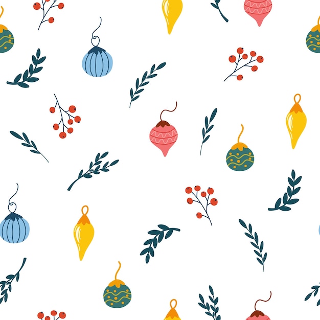 Weihnachten Glaskugeln nahtlose Muster Hand zeichnen Glas Weihnachtsbaum Spielzeug Beeren und Zweige Weihnachten Urlaub Wintermuster Geschenkpapier Scrapbooking Hintergrund Vektor-Illustration
