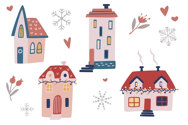 Weihnachten hand zeichnen häuser. satz rustikale winterhäuser. perfekt für design, karten, poster, banner. vektor-cartoon-illustration urlaub elemente.