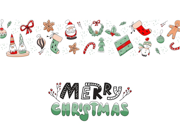 Weihnachten horizontaler hintergrund mit kritzeleien und schriftzug frohe weihnachten inschrift vektor-illustration mit handgezeichneten elementen