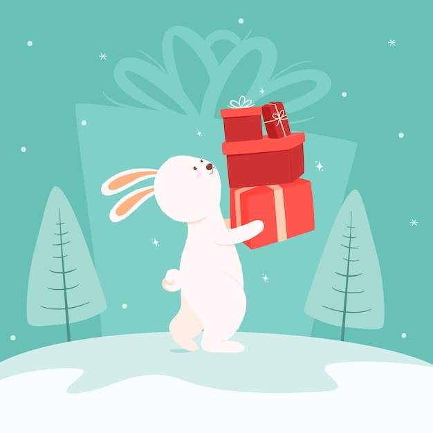 Vektor weihnachten mit kaninchen bringt viele geschenke