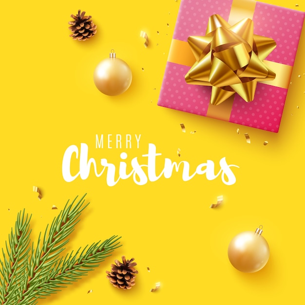 Vektor weihnachten. mit realistischer geschenkbox, glitzerndem goldkonfetti.