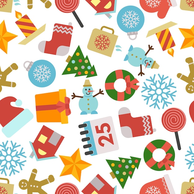 Weihnachten nahtlose Muster mit Symbolen im flachen Stil. Vektor-Illustration
