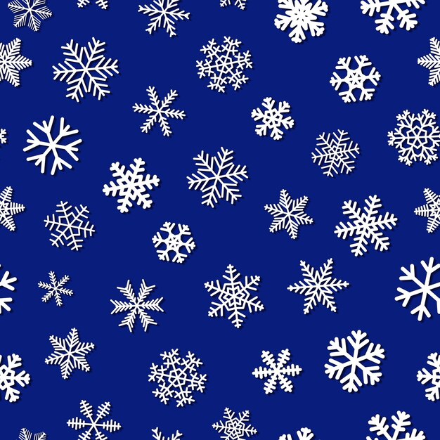 Weihnachten nahtloses muster von schneeflocken mit schatten, weiß auf blauem hintergrund
