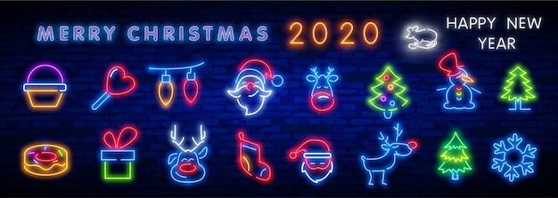 Weihnachten neon icon set.