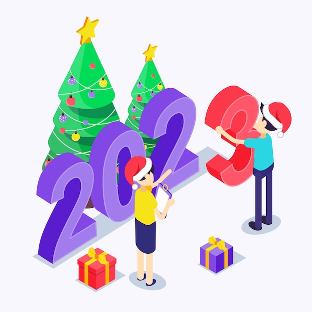 Weihnachten. neujahr. isometrisch. menschen mit neujahrsmützen stellen ein 2023-schild neben den weihnachtsbaum