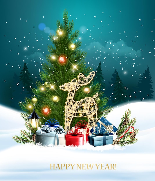 Vektor weihnachten und frohes neujahr hintergrund mit bunten geschenkkisten leuchtenden hirsch und weihnachtsbaum vektor