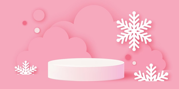 Weihnachten und neujahr 3d-podium-szene oder sockel auf pastellfarbenem hintergrund mit minimalen geometrischen wolken, schneeflocken formen papierschnitt-handwerksstudio für das design von produktmodellen. rosa