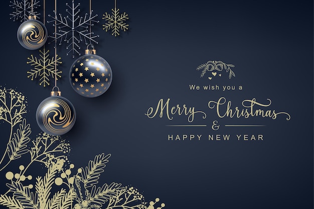 Weihnachten und Neujahr-Banner. Realistisch hängende Christbaumkugeln und Dekorationen und handbemalte Dekorationselemente auf dunkelblauem Hintergrund