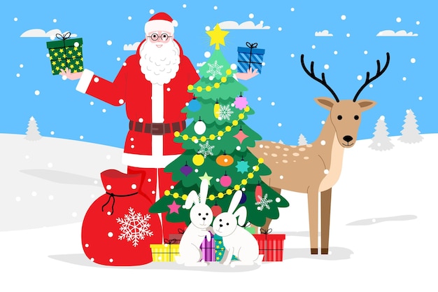 Weihnachten und Neujahr. Der Weihnachtsmann verteilt Geschenke im Wald neben dem Weihnachtsbaum zusammen mit Hirschen und Hasen. Illustration für Landingpage oder Online-Shop-Website. Nettes flaches Vektorbild.