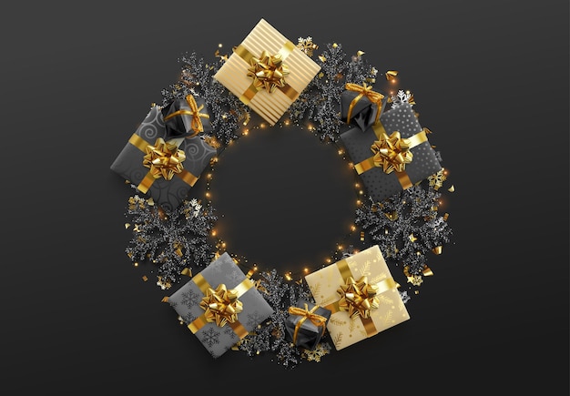 Weihnachten und neujahr festlicher hintergrund. weihnachtsdekoration schwarze schneeflocken mit glitzer, realistische geschenkbox, bedeckt mit goldenem konfetti, gelber girlandenring. grußkarte, banner, webposter