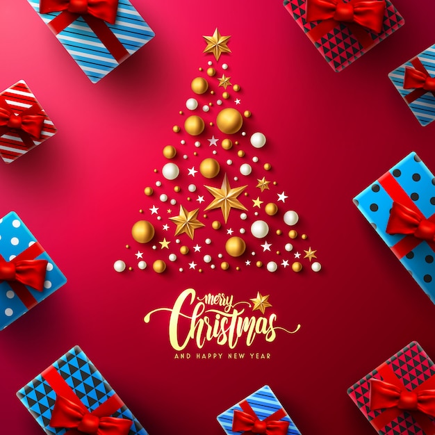 Weihnachten und neujahr rotes plakat mit geschenkbox- und weihnachtsdekorationselementen