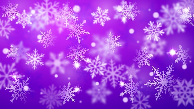 Weihnachten unscharfer hintergrund von komplexen defokussierten großen und kleinen fallenden schneeflocken in blauen und violetten farben mit bokeh-effekt