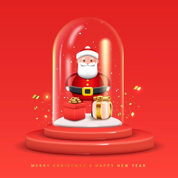 Vektor weihnachten unter magischem glas dome weihnachtsmann mit geschenkkiste mit weißem schneeball