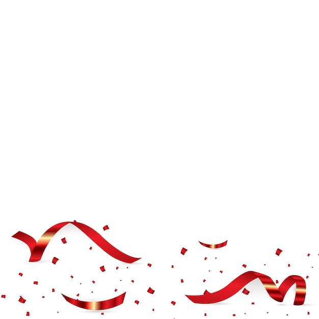 Weihnachten, Valentinstag rotes Konfetti mit Band auf weißem Hintergrund. Fallendes glänzendes Konfetti glitzert. Urlaubsparty-Design-Elemente.