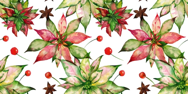 Weihnachten verfolgt aquarell floral nahtlose muster poinsettia und anis und winterbeeren