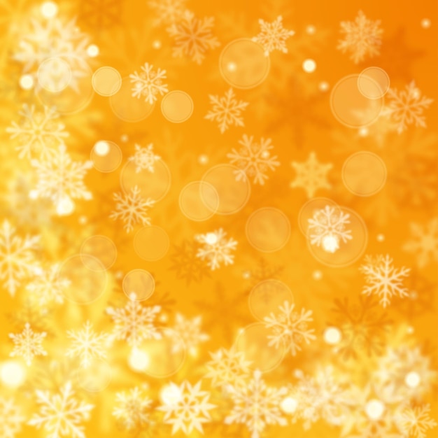 Vektor weihnachten verschwommener hintergrund von komplexen defokussierten großen und kleinen fallenden schneeflocken in gelben farben mit bokeh-effekt