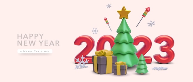 Weihnachten winter festliche komposition realistische objekte baum geschenk 2023 schneegruß urlaub grußkarte banner web poster vektor-illustration