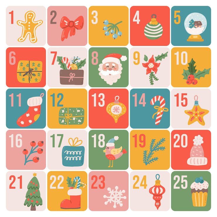 Vektor weihnachts-adventskalender im flachen, handgezeichneten, festlichen vektorplakat