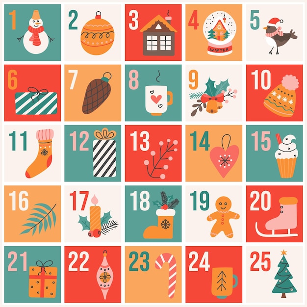 Weihnachts-Adventskalender im flachen, handgezeichneten Stil, festliches Vektorplakat