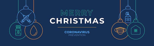 Weihnachts-coronavirus-impfung und präventionsball-banner. weihnachtsveranstaltungen und feiertage während einer pandemie vector illustration. covid-19 prävention sicheres weihnachtskonzept.