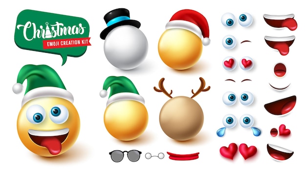 Weihnachts-emoji-ersteller-vektorsatz emojis xmas 3d-zeichen-kit mit weihnachtsmann, schneemann und rentier