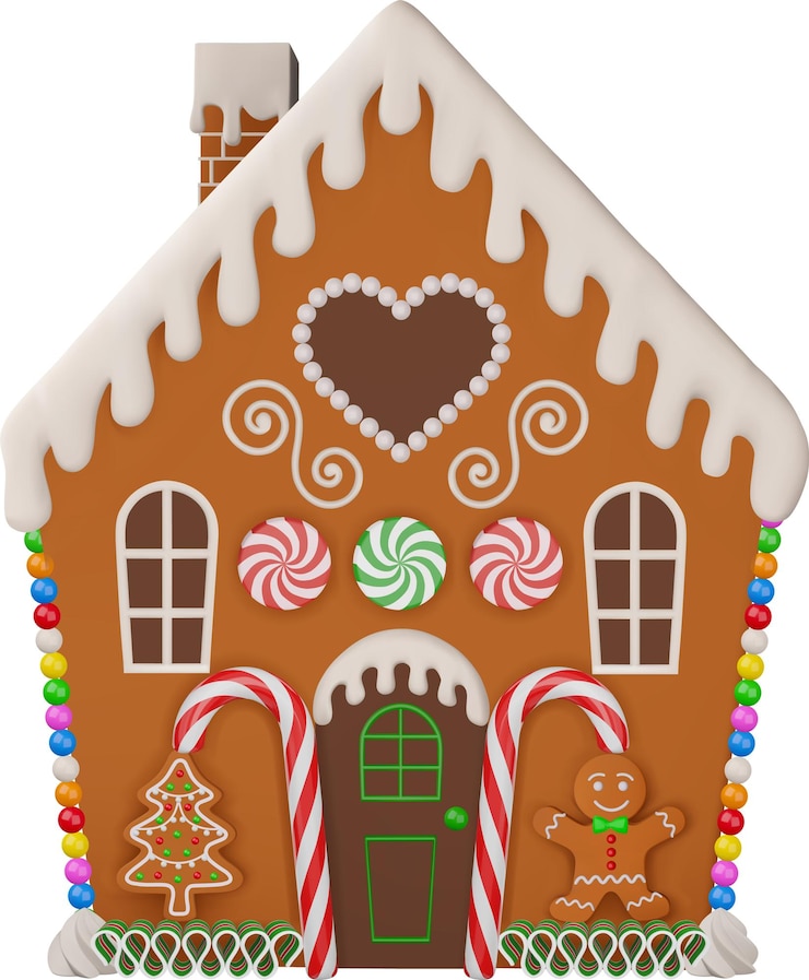 Vektor weihnachts-gingerbread-haus frontansicht weihnachten-haus mit kekse und süßigkeiten