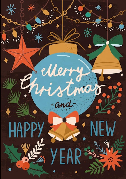 Weihnachts-Grüßkarte mit Girlanden, Glockenstern und Blumenzweigen, Winterferien-Poster mit Weihnachten- und Neujahrsglückwunsch, Vektorflach-Cartoonillustration