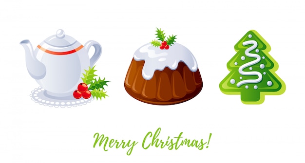 Weihnachts-icon-set. cartoon-teekanne, pudding, lebkuchen.