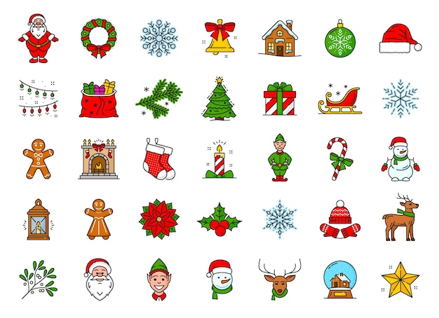 Weihnachts-Linien-Ikonen-Set-Vektor-Feierliche Attribute Weihnachtenkränze Schneeflockenglocke oder Ingwerbrot Kieferbaum Geschenke Tasche Zwergstrümpfe Kamin und Laterne Elf mit Schneemann Hirsche und Stern