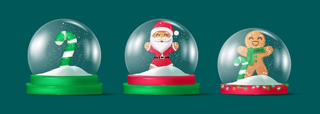 Weihnachts-Schnee-Kugel-Vektor-Set-Design Weihnachten-Kristall-Glaskuppel mit Weihnacht- und Ingwerbrot