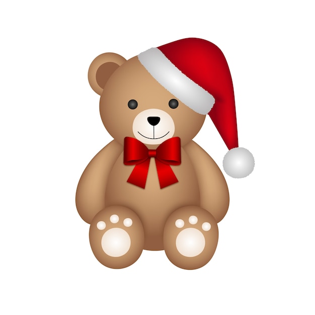 Weihnachts-Teddybär mit Weihnachtsmannhut und roter Schleife