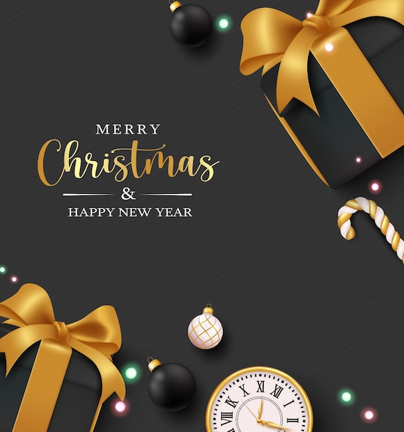 Weihnachts-Text-Vektor-Poster-Design Weihnachten-Geschenkkiste in eleganter schwarzer und goldener Farbe