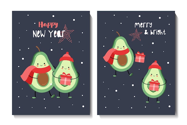 Vektor weihnachts- und guten rutsch ins neue jahr-kartenset mit süßer weihnachts-avocado