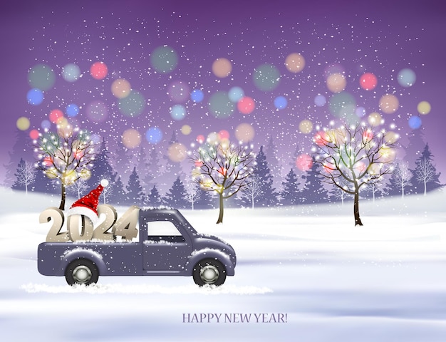 Vektor weihnachts- und neujahrs-hintergrund mit abendlandschaft und weihnachtswagen mit 2024 zahlen und weihnachtsmannhut winterillustration bannervektor