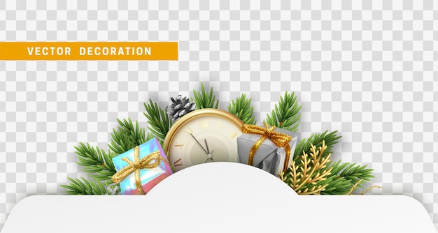 Weihnachts- und neujahrsbanner mit realistischen dekorationsobjekten. weihnachtsweißbuchrahmen für text. kopfzeilenrahmen für die website. vektor-illustration