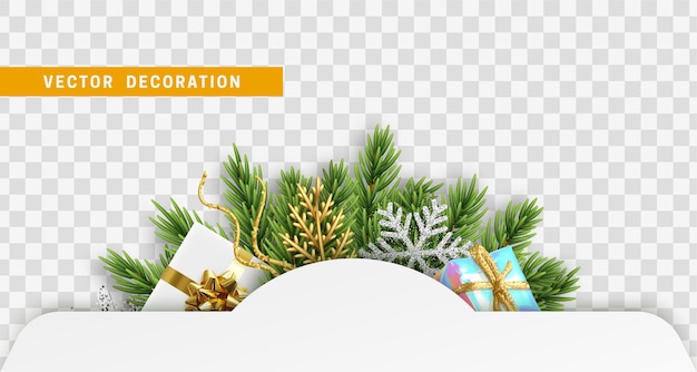 Weihnachts- und neujahrsbanner mit realistischen dekorationsobjekten. weihnachtsweißbuchrahmen für text. kopfzeilenrahmen für die website. vektor-illustration