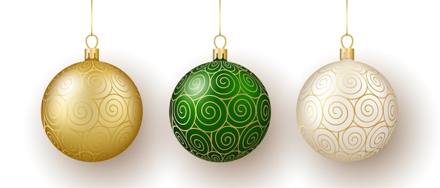 Weihnachts- und neujahrsdekor set aus goldweißen und grünen glasspiralkugeln auf band