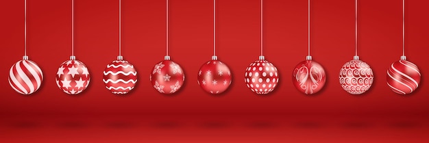 Weihnachts- und neujahrsdekorationsset aus 3d-realistischen roten kugeln mit verschiedenen ornamenten