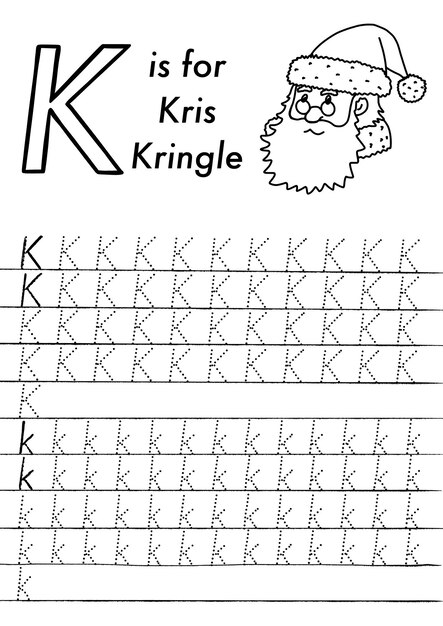 Weihnachts- und neujahrsvorschul-abc-aufzeichnungsarbeitsblatt. einfaches lernspiel zum ausdrucken mit bildern und buchstaben zum ausmalen. kinder spielen und lernen seiten. vektorillustration