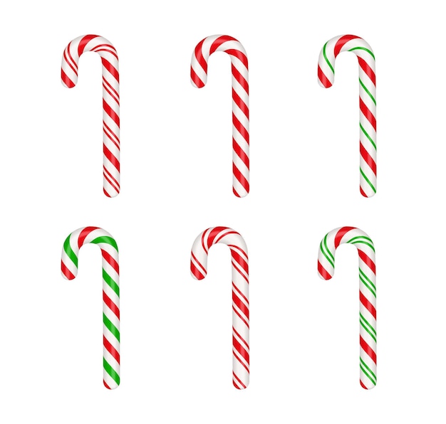 Weihnachts-Zuckerstangen-Set Weihnachtsstick Traditionelle Weihnachtssüßigkeit mit roten, grünen und weißen Streifen Santa Caramel Cane mit gestreiftem Muster Vektor-Illustration isoliert auf weißem Hintergrund