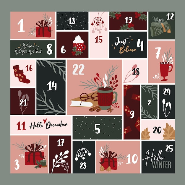 Vektor weihnachtsadventskalender für 25 tage. nummerierter countdown. skandinavischer stil in roten und grünen farben.