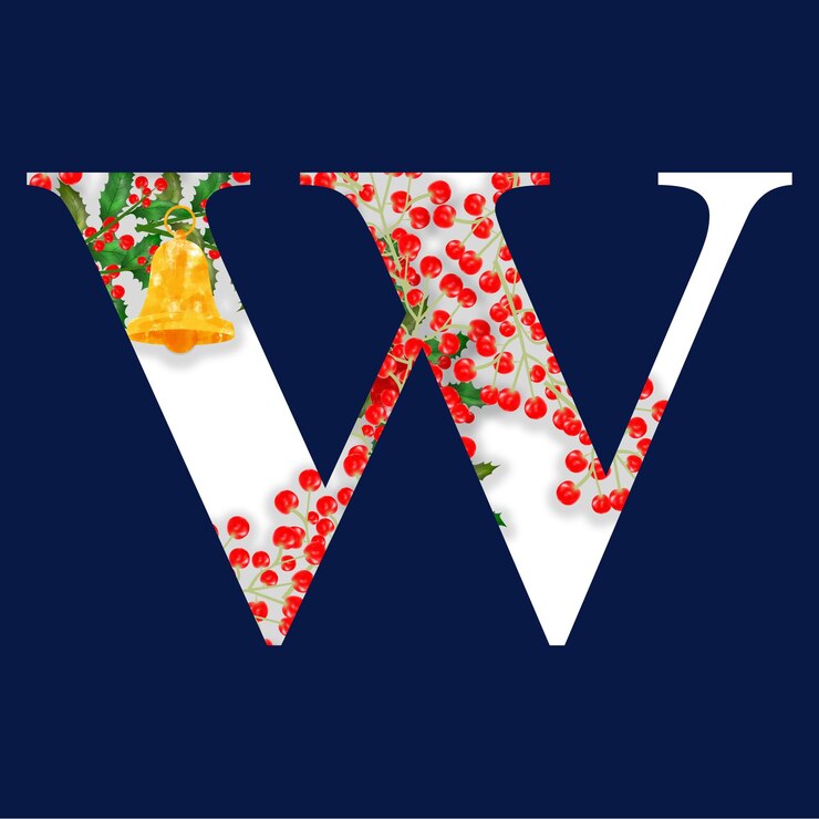 Vektor weihnachtsalphabet-vektorillustration mit weihnachtsglocke, roten beeren und stechpalmenblättern.