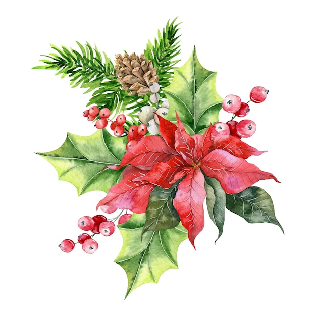 Weihnachtsaquarell-illustration, winterblumenzusammensetzung, wintergrün, poinsettia-aquarell