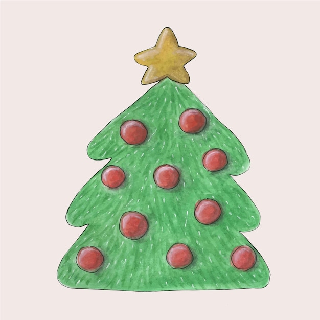 Weihnachtsaquarellillustration. ein mit weihnachtskugeln geschmückter weihnachtsbaum. neujahrskarte.