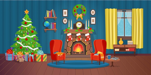 Weihnachtsausstattung mit kamin, weihnachtsbaum, fenster, bücherregal, schreibtisch und sesseln.