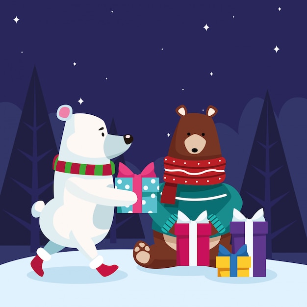 Weihnachtsbären mit geschenkkästen in der schneebedeckten nacht, bunt, illustration