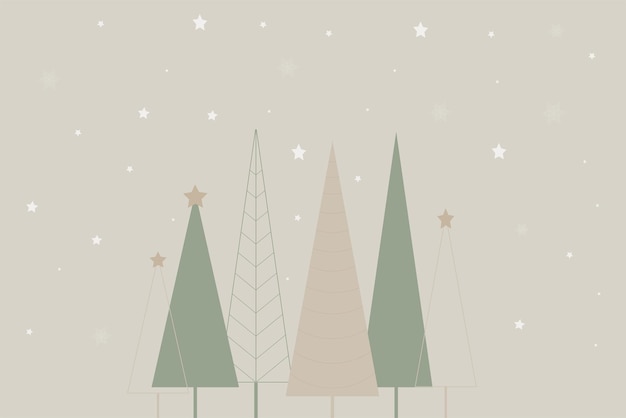 Weihnachtsbäume auf beigem Hintergrund mit Schneeflocken im minimalistischen Postkarten-Bannerdruck